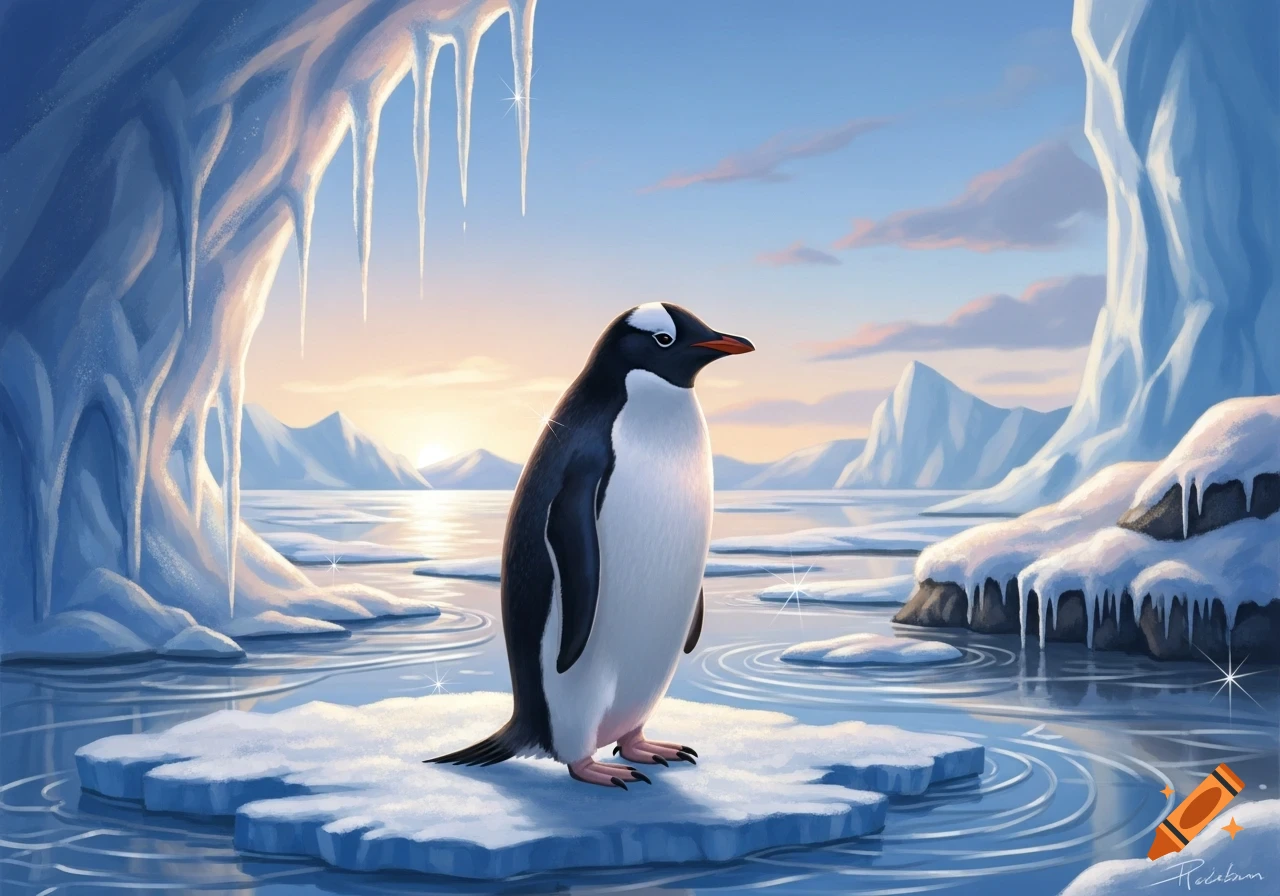 A black and white penguin stands on an ice floe amidst an arctic landscape with icebergs and a sunrise, in a digital art style.