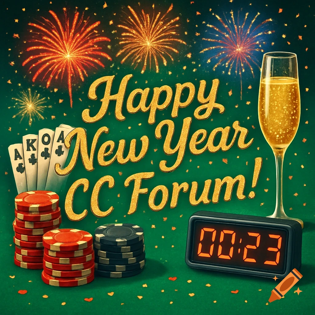 Festive New Year greeting with gold glitter text, fireworks, poker chips, playing cards, champagne glass, and a digital countdown clock on a green table.