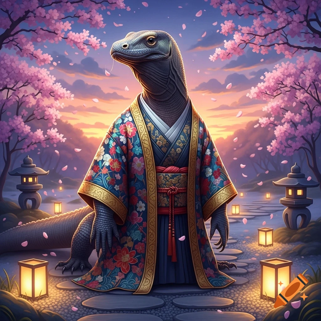 A Komodo dragon in a floral kimono stands in a Japanese cherry blossom garden at sunset, surrounded by lanterns.