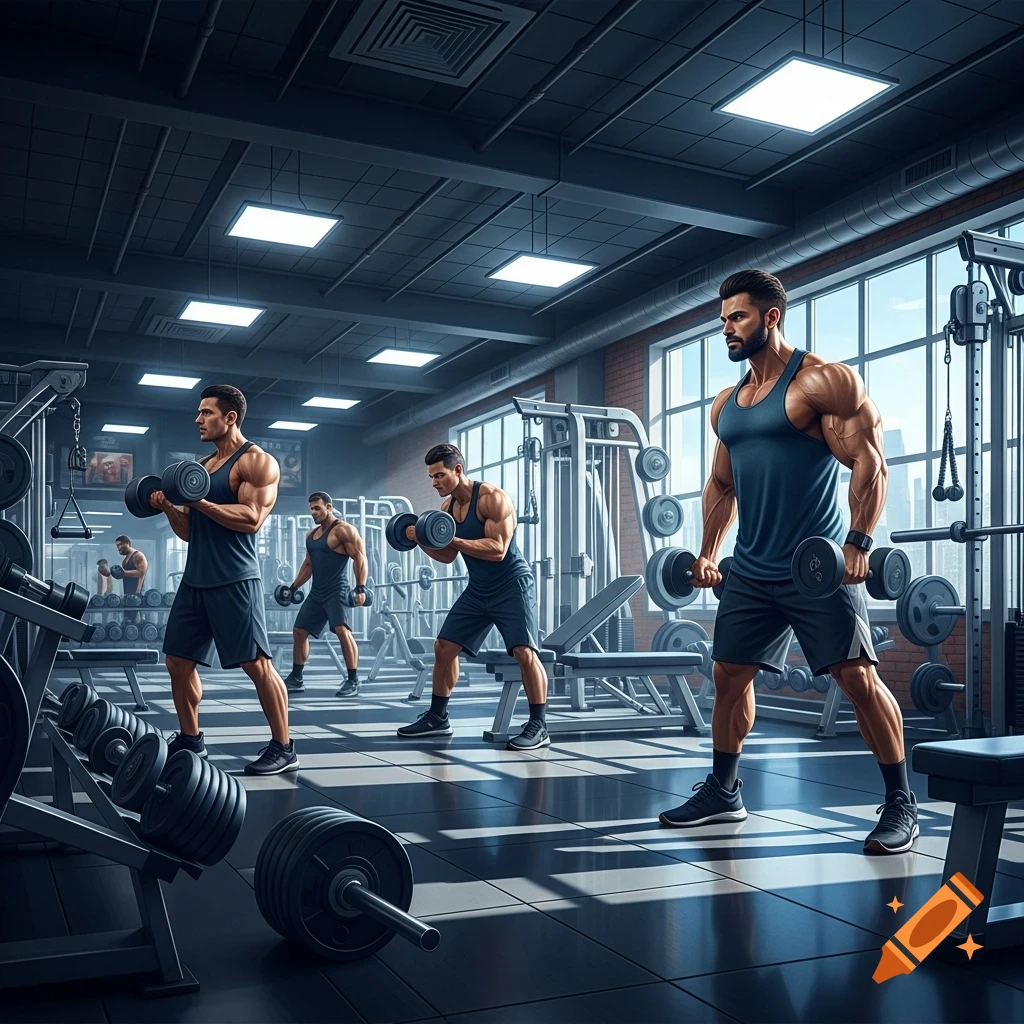Muscular men in a photorealistic modern gym lift dumbbells, with gym equipment and large windows in the background.