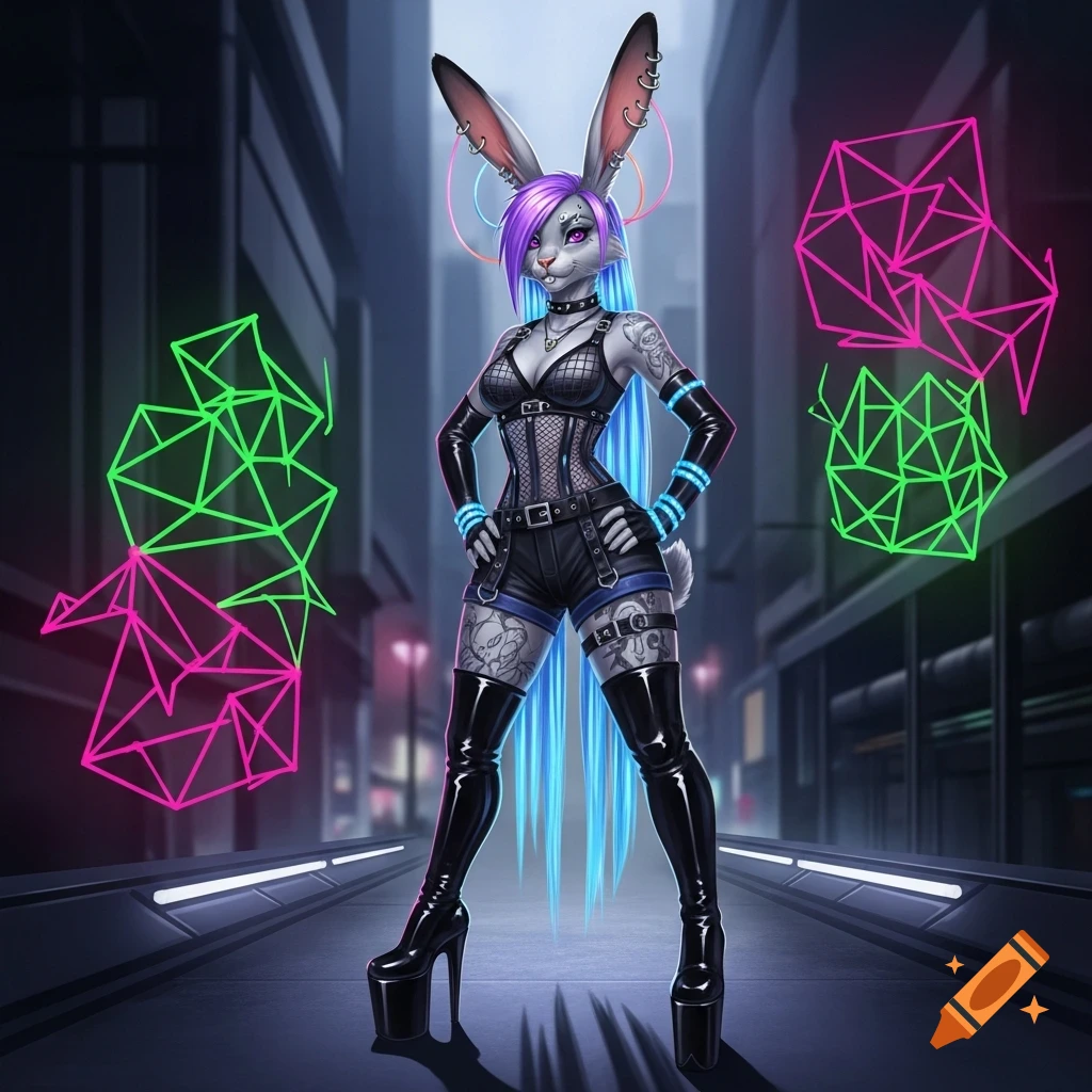Anthro rabbit in cybergoth fashion with purple and blue hair, black corset, shorts, and platform boots, in a futuristic city with neon shapes.