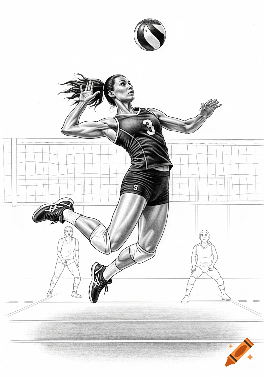 Pencil drawing of a female volleyball player in uniform mid-air, spiking a ball over a net, with two opponents in the background.