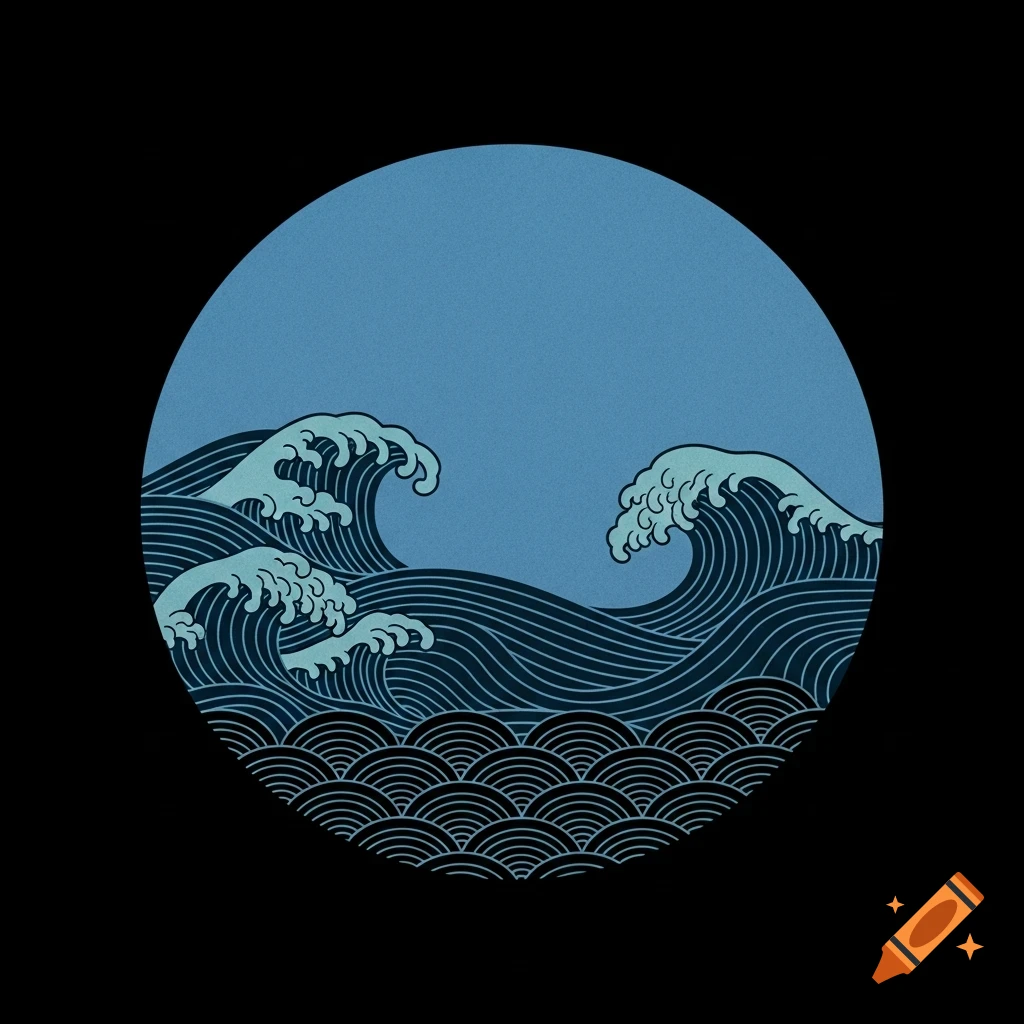 Minimalistic Japanese-style illustration of dark blue ocean waves with light blue foam inside a circle on a black background.