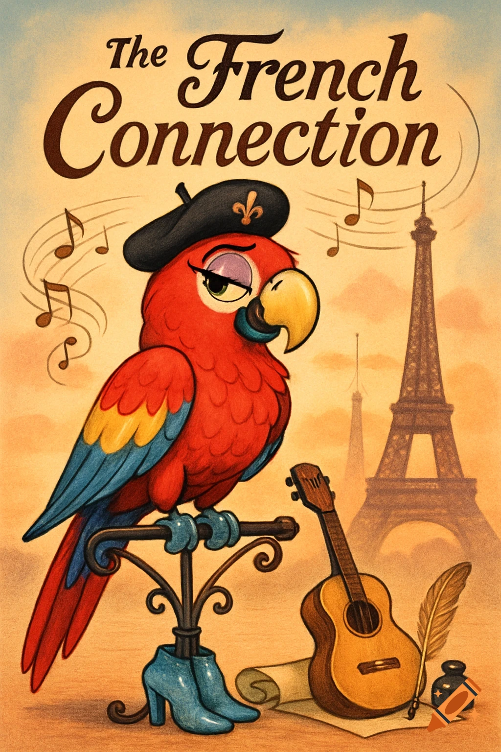 Cartoon red parrot in a beret and blue boots, with a guitar and quill, Eiffel Tower in background, text 'The French Connection'.