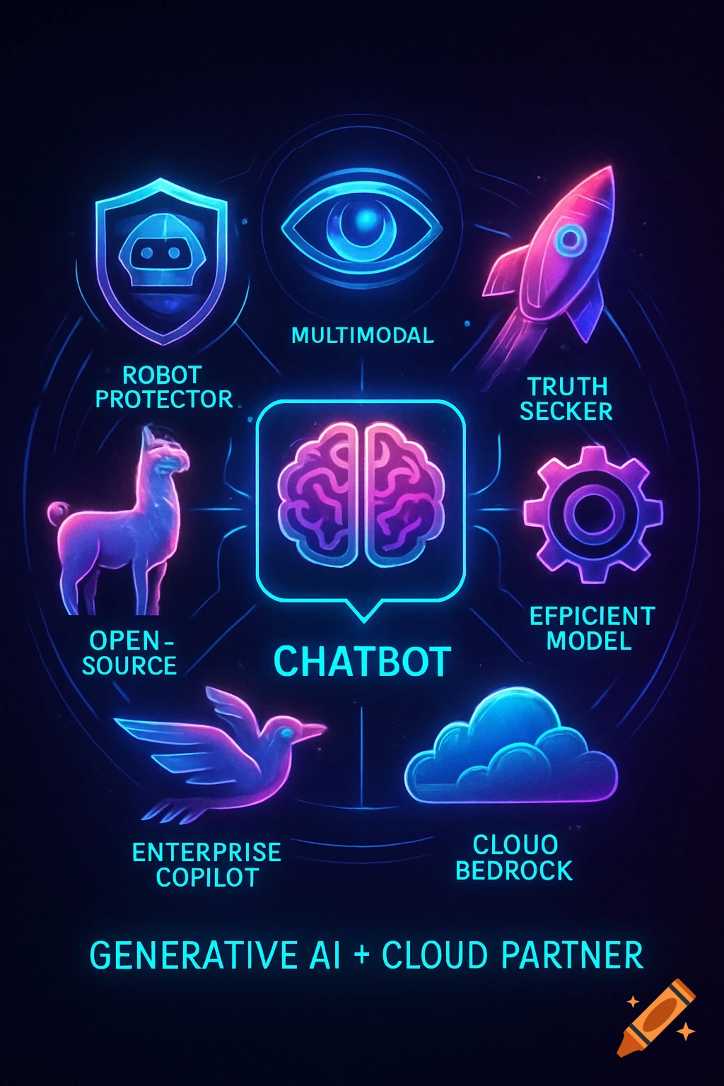 Vibrant tech infographic with glowing icons representing AI concepts like chatbot, robot protector, multimodal, and cloud partner.