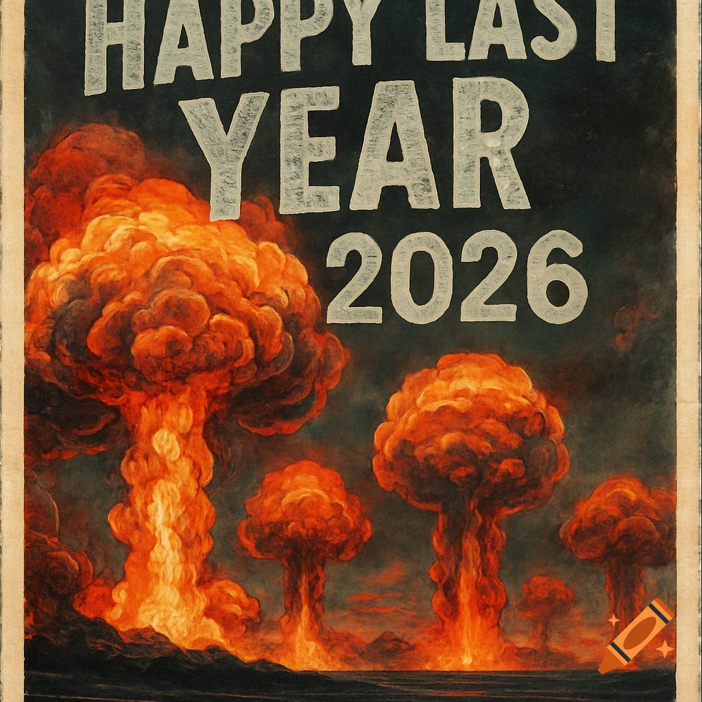 A distressed poster featuring multiple orange mushroom clouds from nuclear explosions, with the text 'HAPPY LAST YEAR 2026' in white on a dark background.