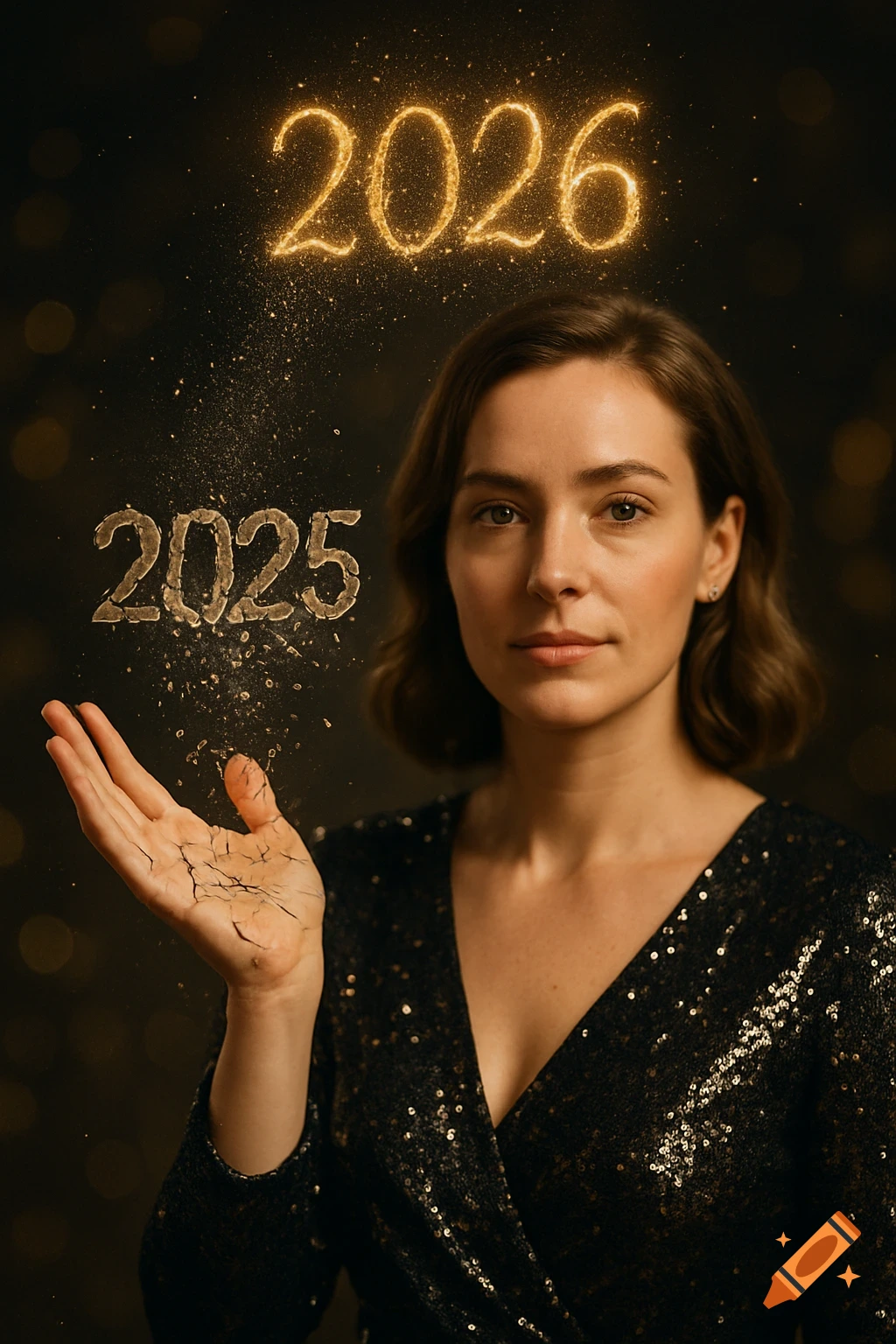Photorealistic portrait of a woman in a black sequined dress, holding out a hand with crumbling '2025', while a glowing '2026' floats above.