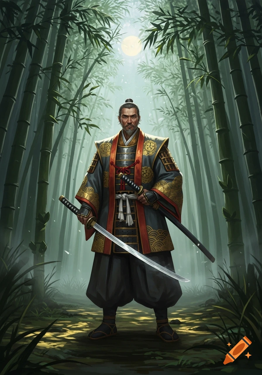 A samurai blademaster with a topknot stands holding two katanas in a misty bamboo forest under a full moon, digital painting style.