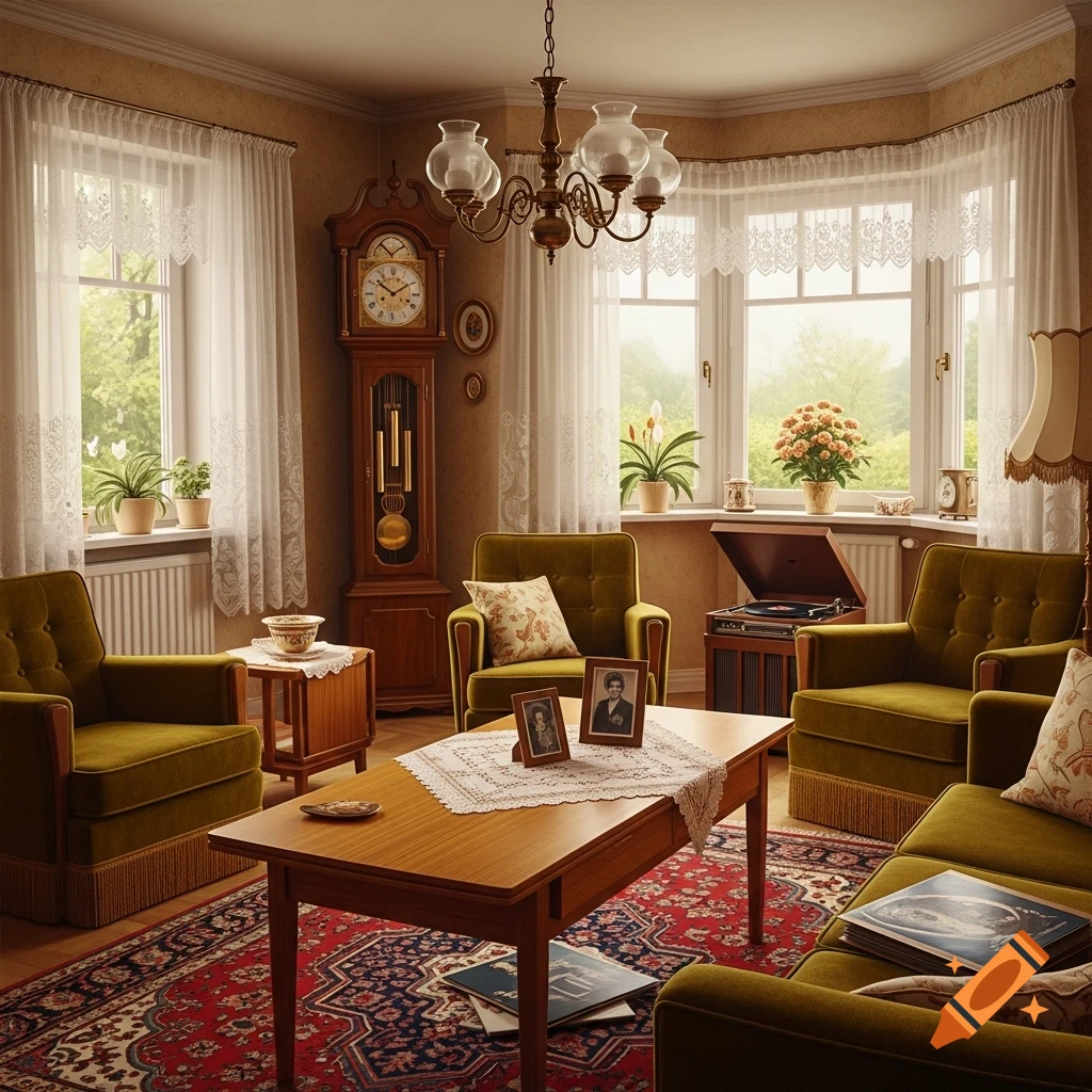 A vintage-style living room with olive green armchairs and a sofa, a wooden coffee table, a grandfather clock, and a bay window overlooking trees.