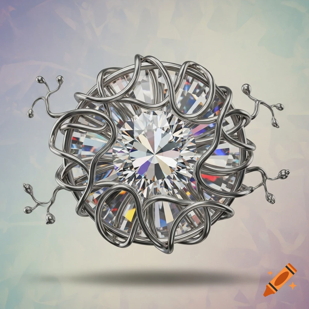 A brilliant faceted diamond gemstone is encased in swirling silver metal tendrils with small buds, against a soft gradient background.