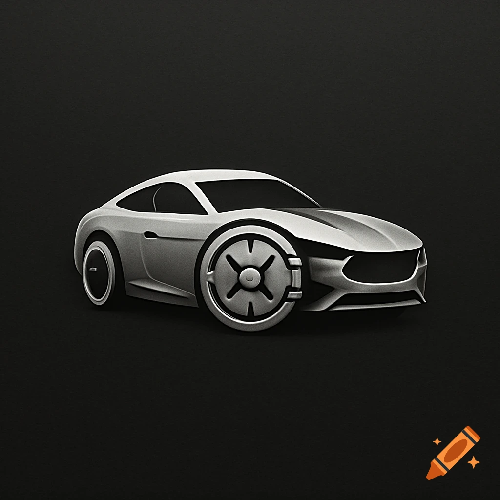 Stylized silver car logomark with a vault-like front wheel on a dark background.