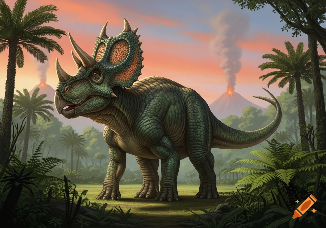 A detailed illustration of a green triceratops-like dinosaur standing in a lush prehistoric jungle with palm trees and two smoking volcanoes at sunset.