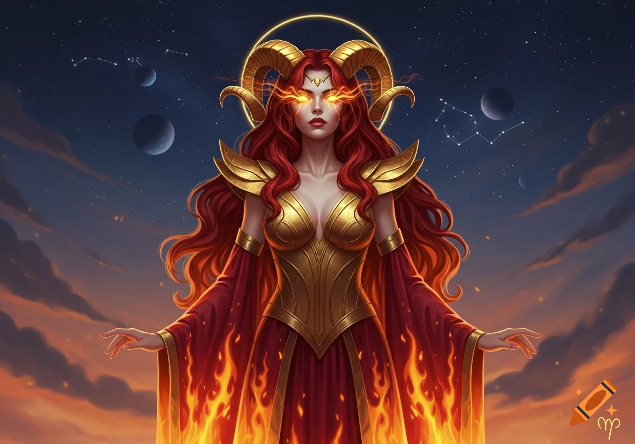 An illustrated fantasy portrait of a woman with red hair, ram horns, glowing eyes, golden armor, and a fiery red dress, against a starry night sky.