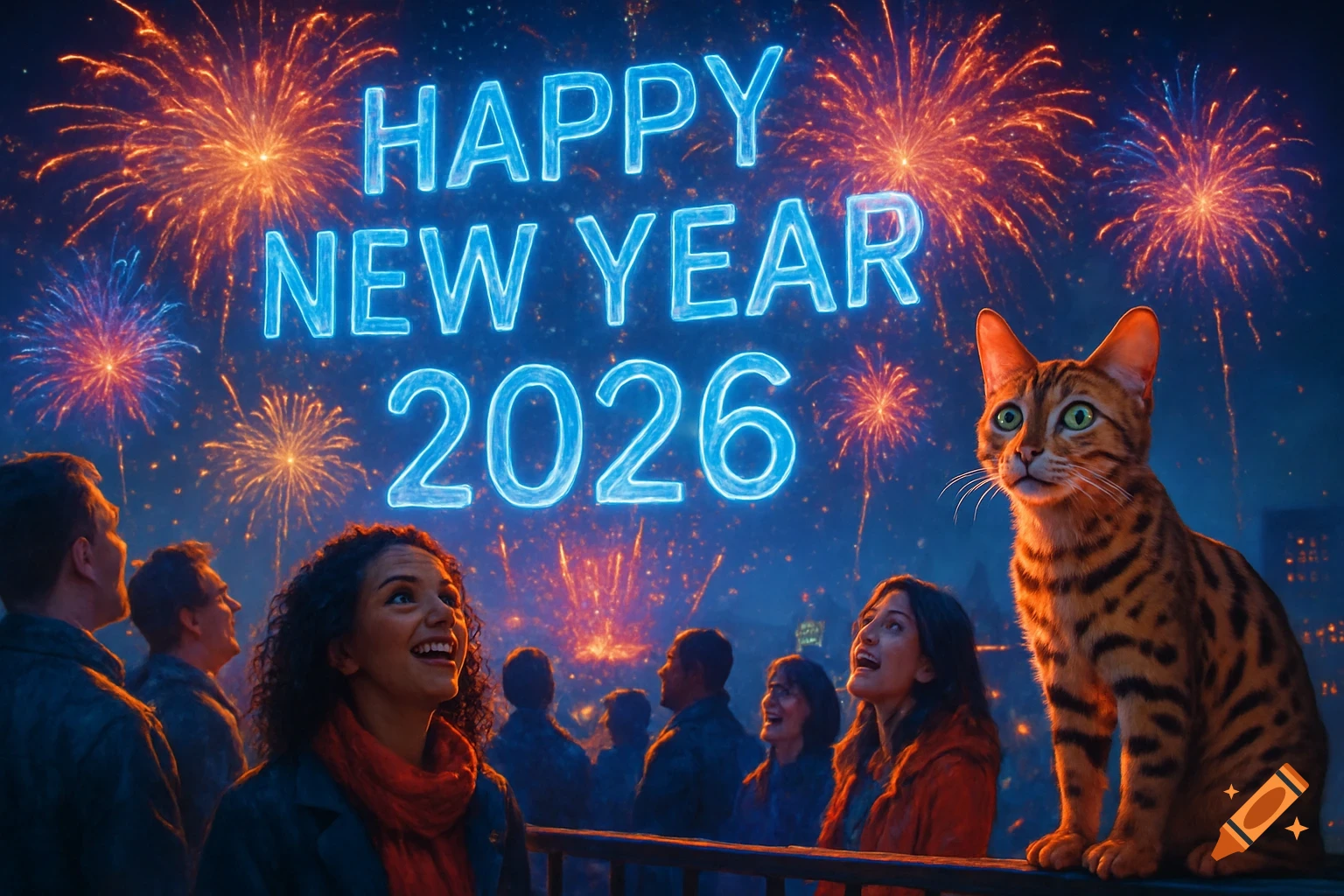 People and a Bengal cat watch vibrant fireworks lighting up the night sky with 'HAPPY NEW YEAR 2026' glowing above.