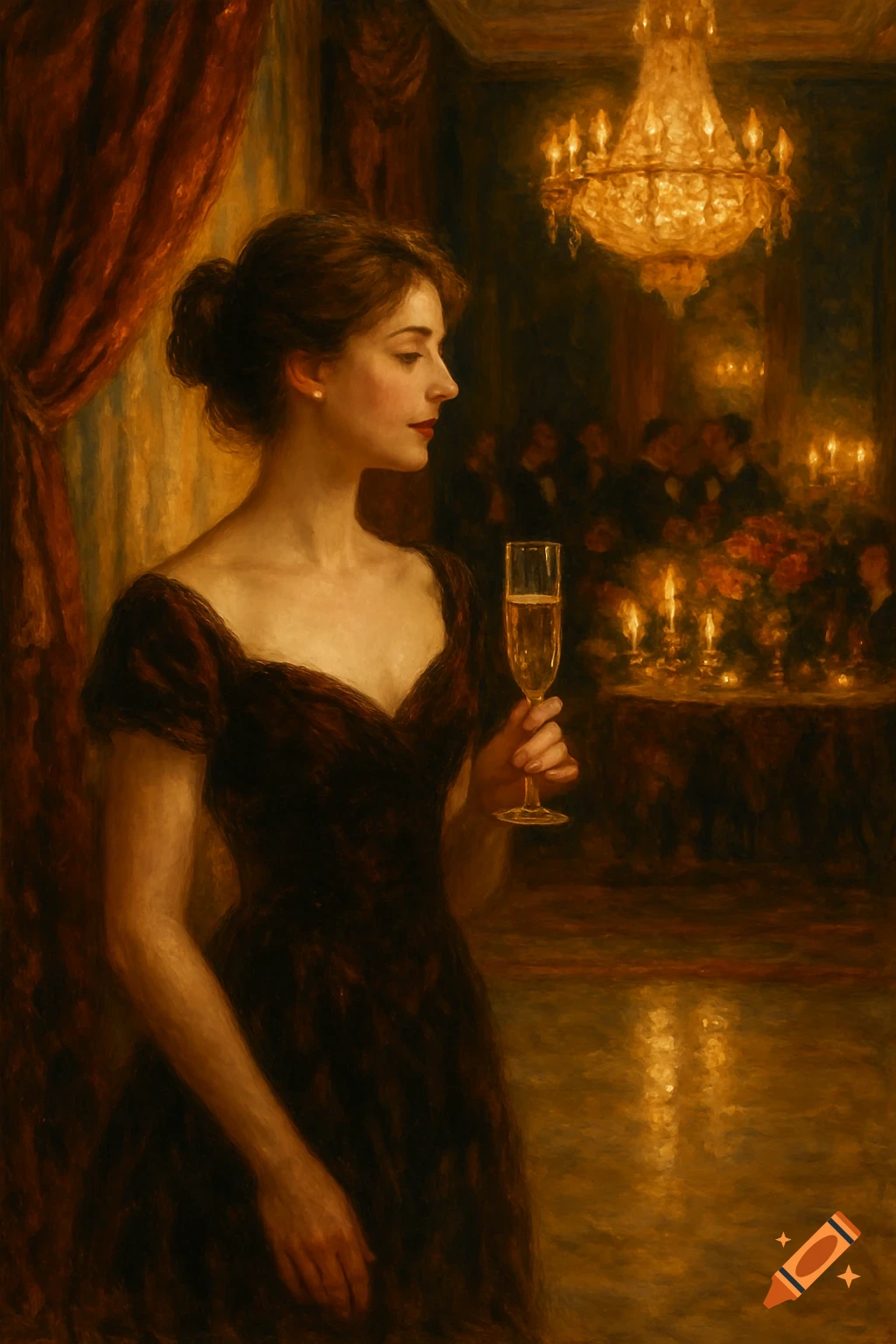 Oil painting of a woman in a dark dress holding a champagne glass at a formal evening event, with a chandelier and guests in the blurred background.
