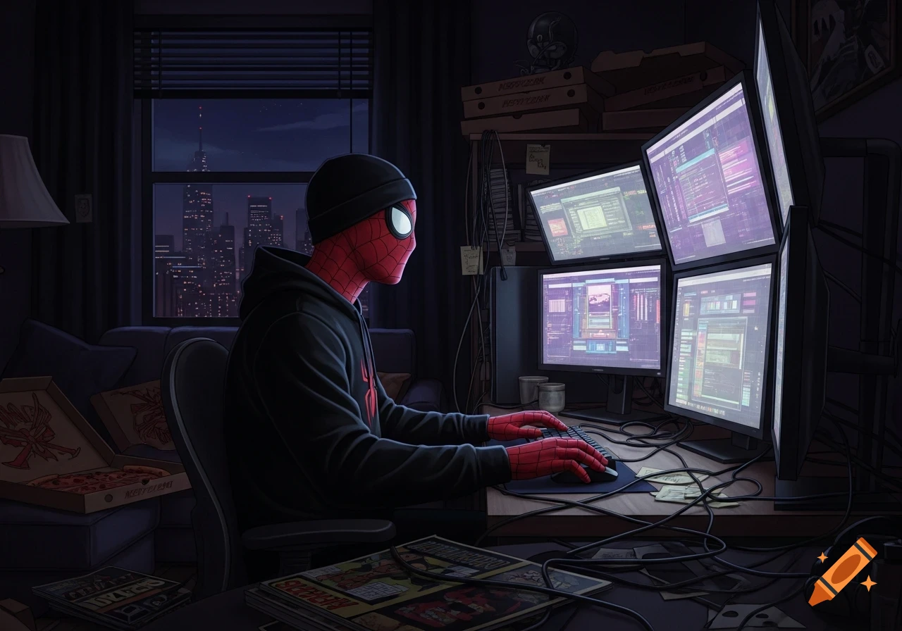 Spider-Man in a black hoodie and beanie works at multiple computer monitors in a dark, messy room overlooking a city at night.
