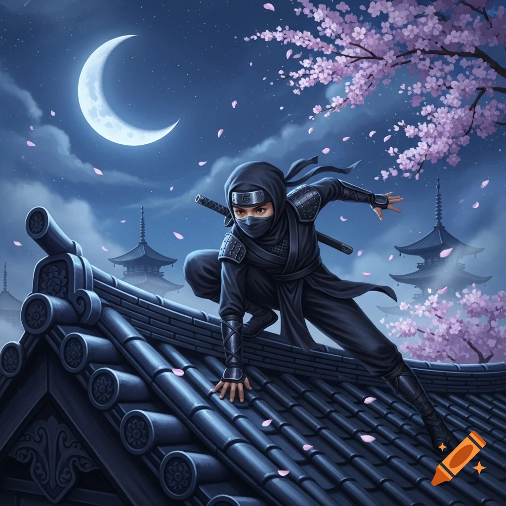 A black-clad ninja crouches on a Japanese tiled rooftop at night, under a crescent moon, with falling cherry blossoms. Illustration.
