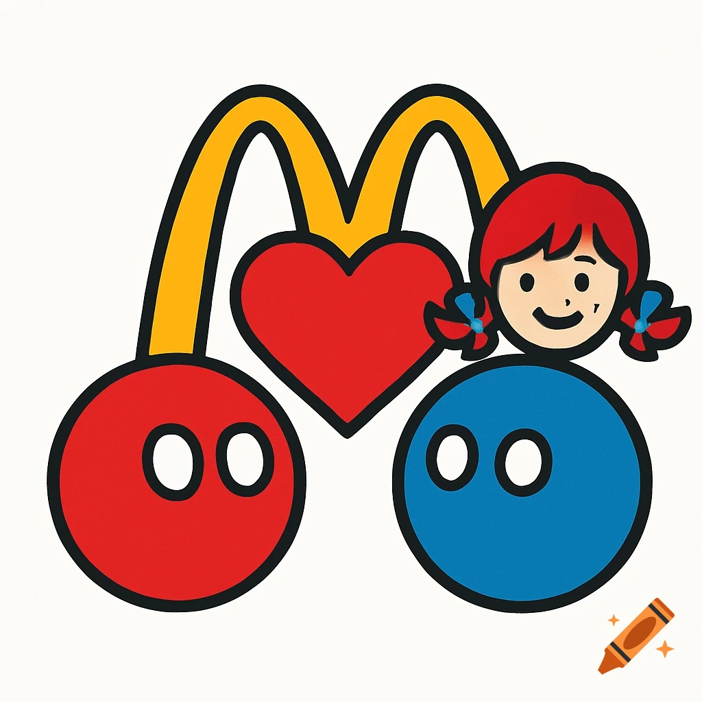 A playful cartoon illustration combining McDonald's arches and a heart with Countryballs-style red and blue circles and a Wendy's girl.
