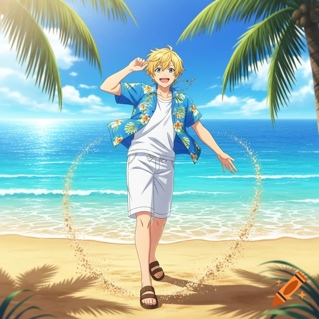 A smiling male anime character with blond hair and blue eyes, wearing a blue Hawaiian shirt, white shorts, and sandals, walks on a sunny beach.