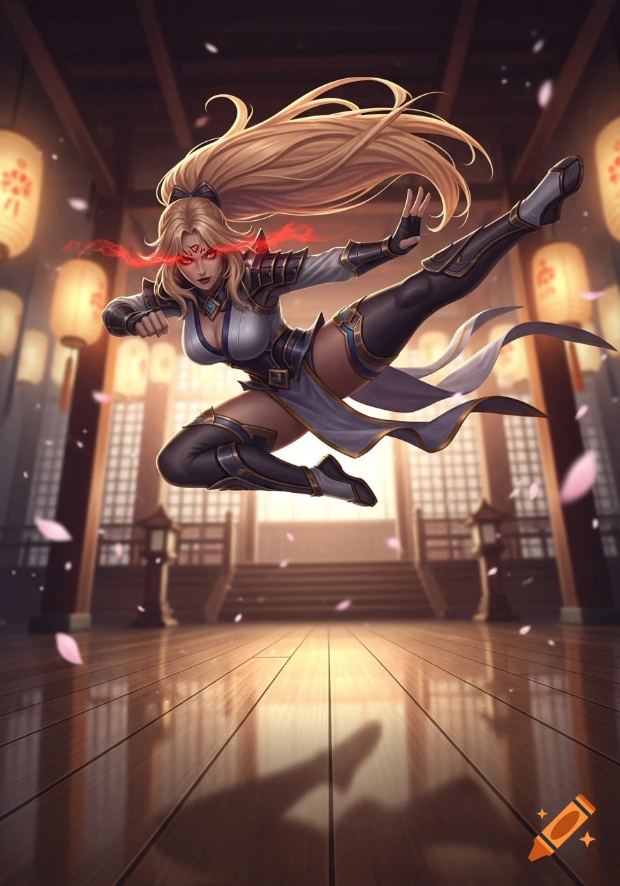 An anime-style blonde woman with red glowing eyes performs a dynamic flying kick in a Japanese dojo.