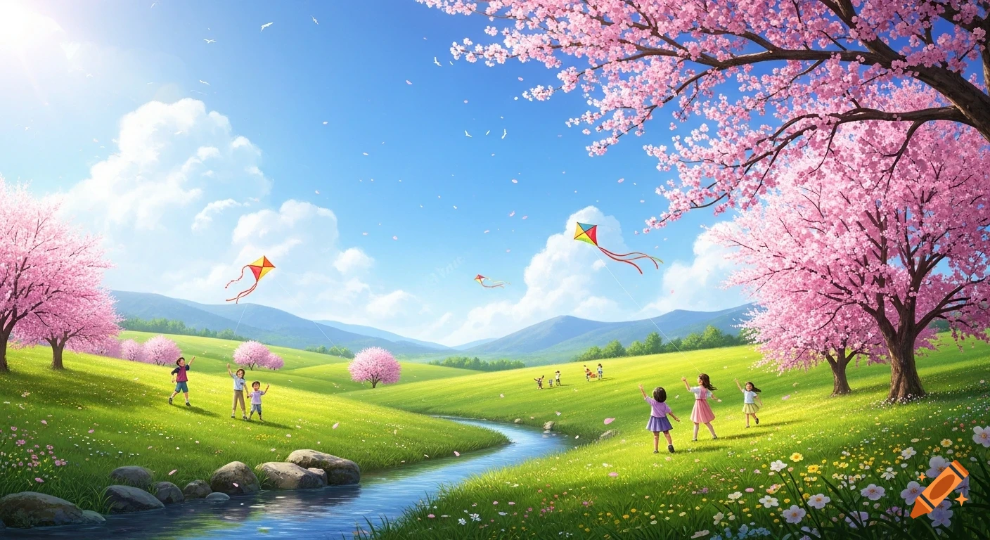 Children fly kites in a bright, illustrative spring landscape with rolling green hills, a winding stream, and vibrant pink cherry blossom trees.