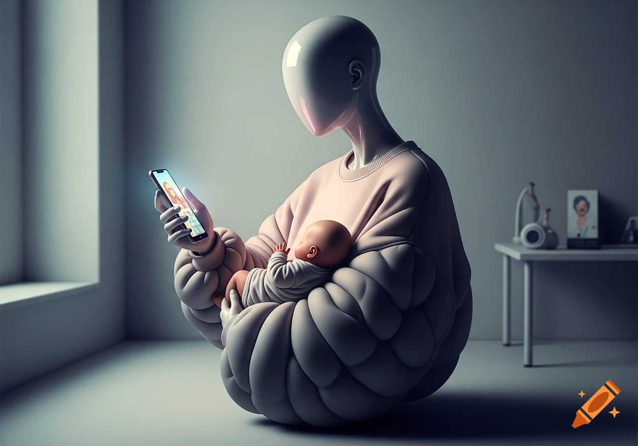 A faceless mannequin in an oversized, puffy pink sweater holds a baby and a glowing smartphone, in a minimalist room.