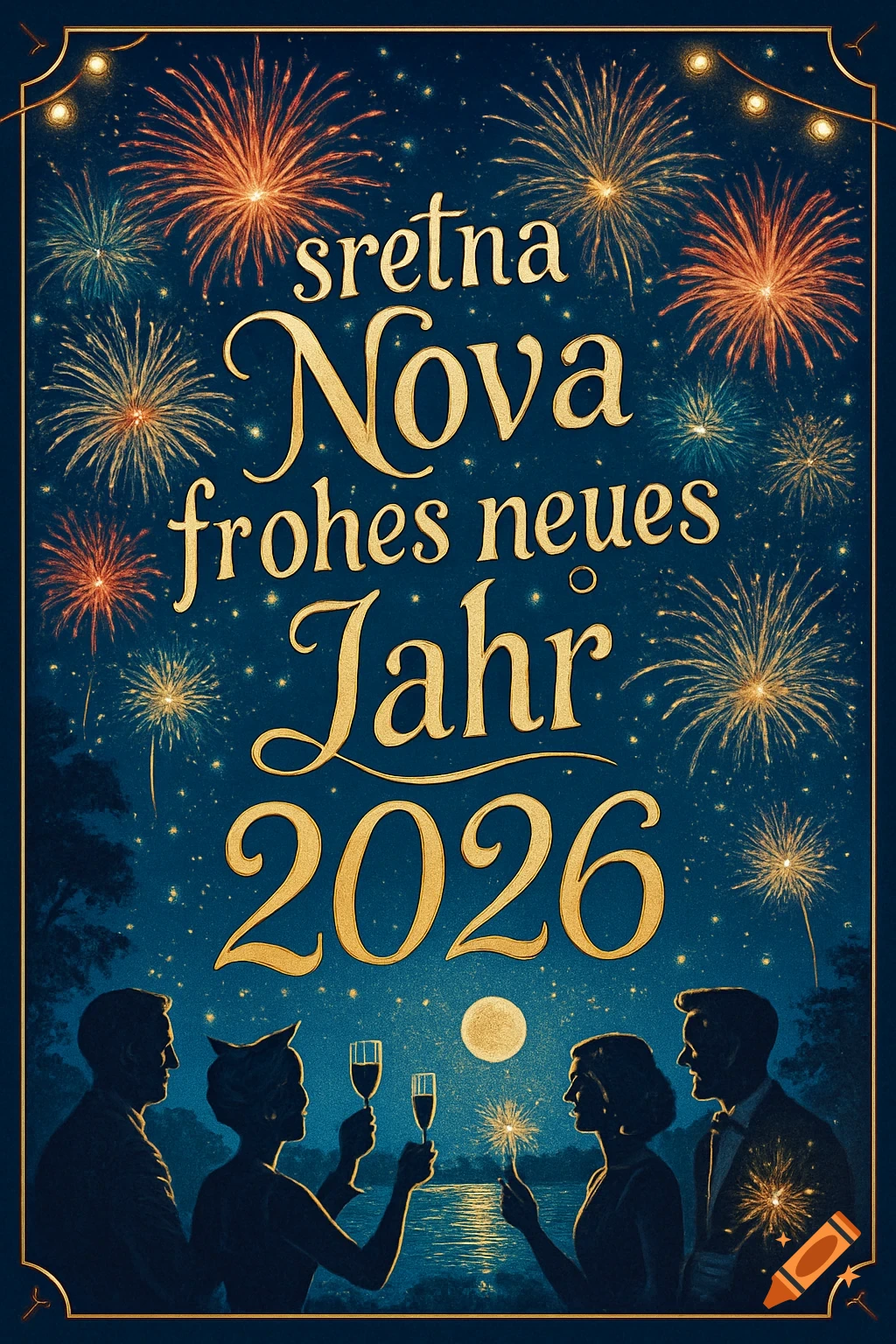 Illustrated New Year's greeting card with fireworks, moon, and silhouettes of people toasting by a lake, featuring text.
