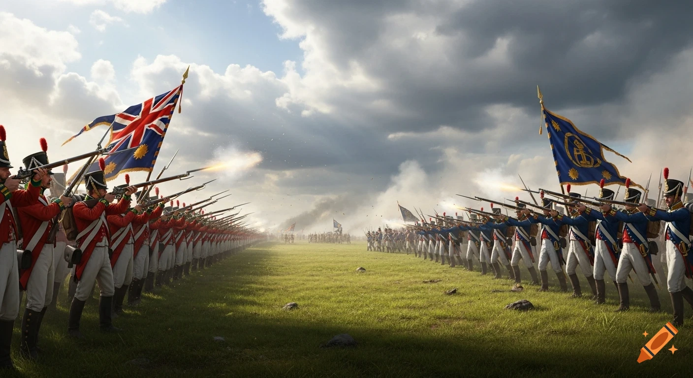 Photorealistic 19th-century battle scene. Red-uniformed soldiers on left, blue on right, firing muskets across a green field.