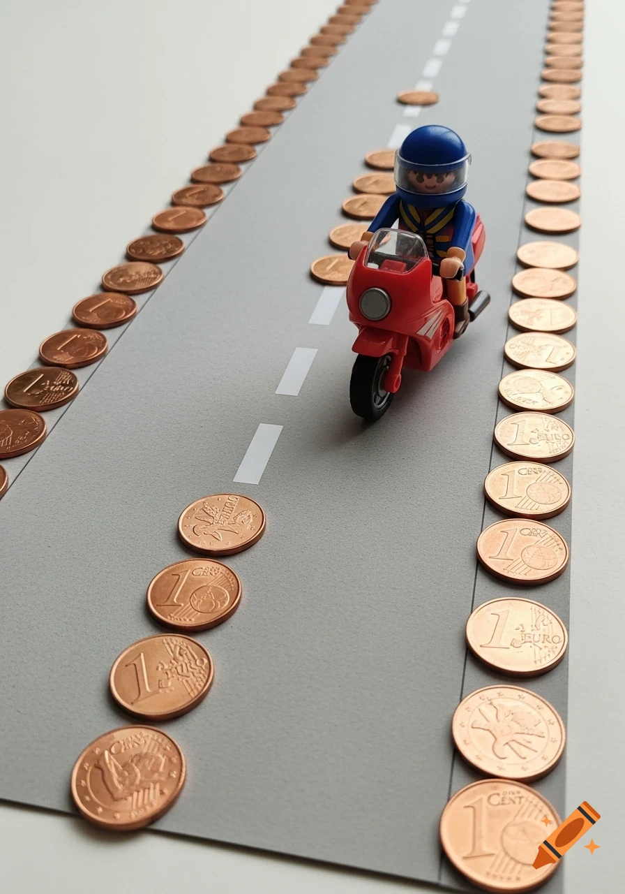 A Playmobil motorcycle with a rider on a paper road lined with 1-cent Euro coins. More coins form a dashed line in the middle.