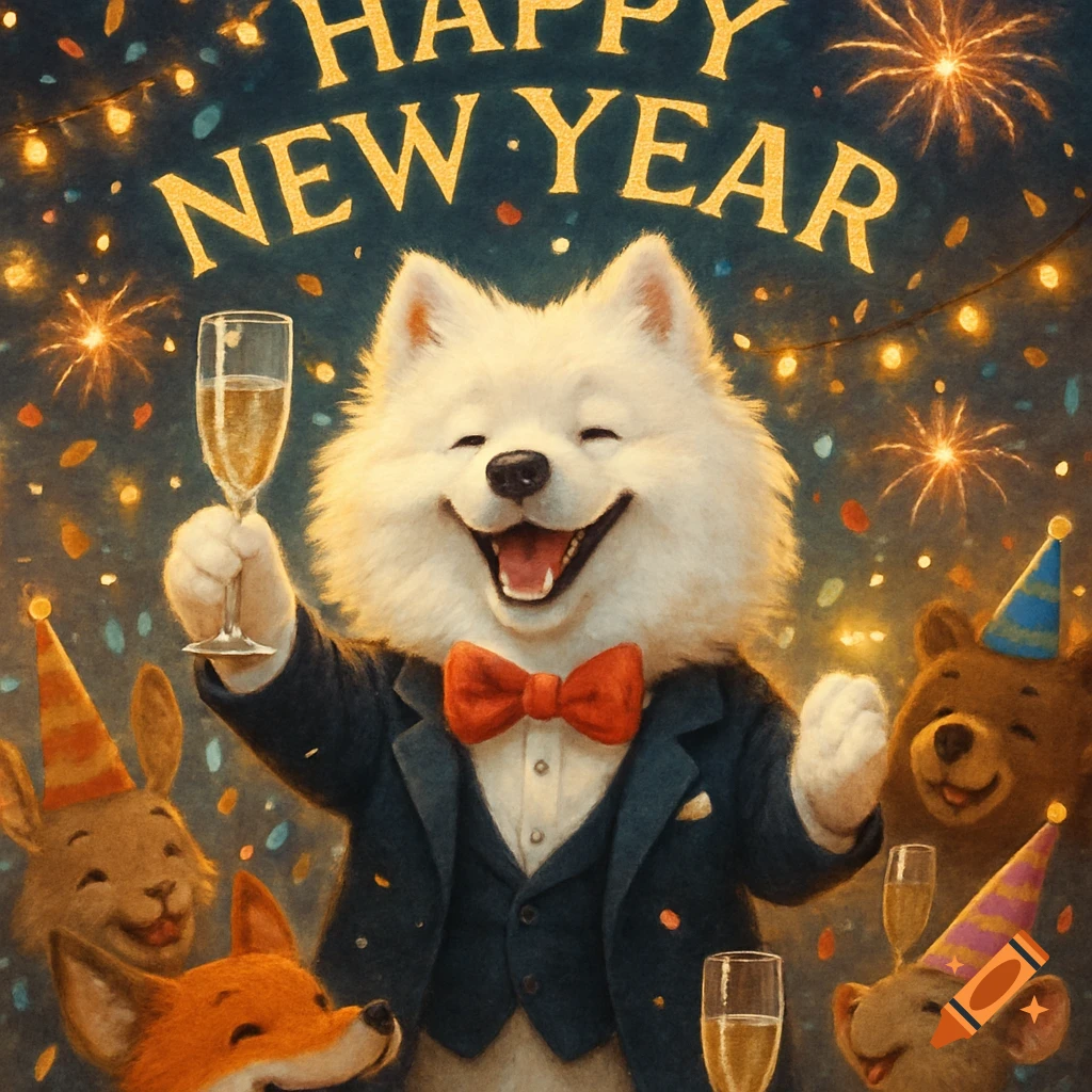 Happy anthropomorphic Samoyed dog in a tuxedo raising a champagne glass, surrounded by festive animals and 'Happy New Year' text.