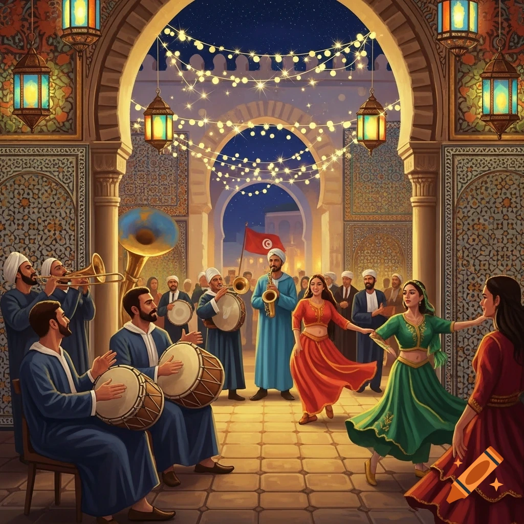 An illustrative Tunisian New Year celebration with musicians playing instruments and women dancing in colorful dresses in an arched courtyard at night, lit by string lights.