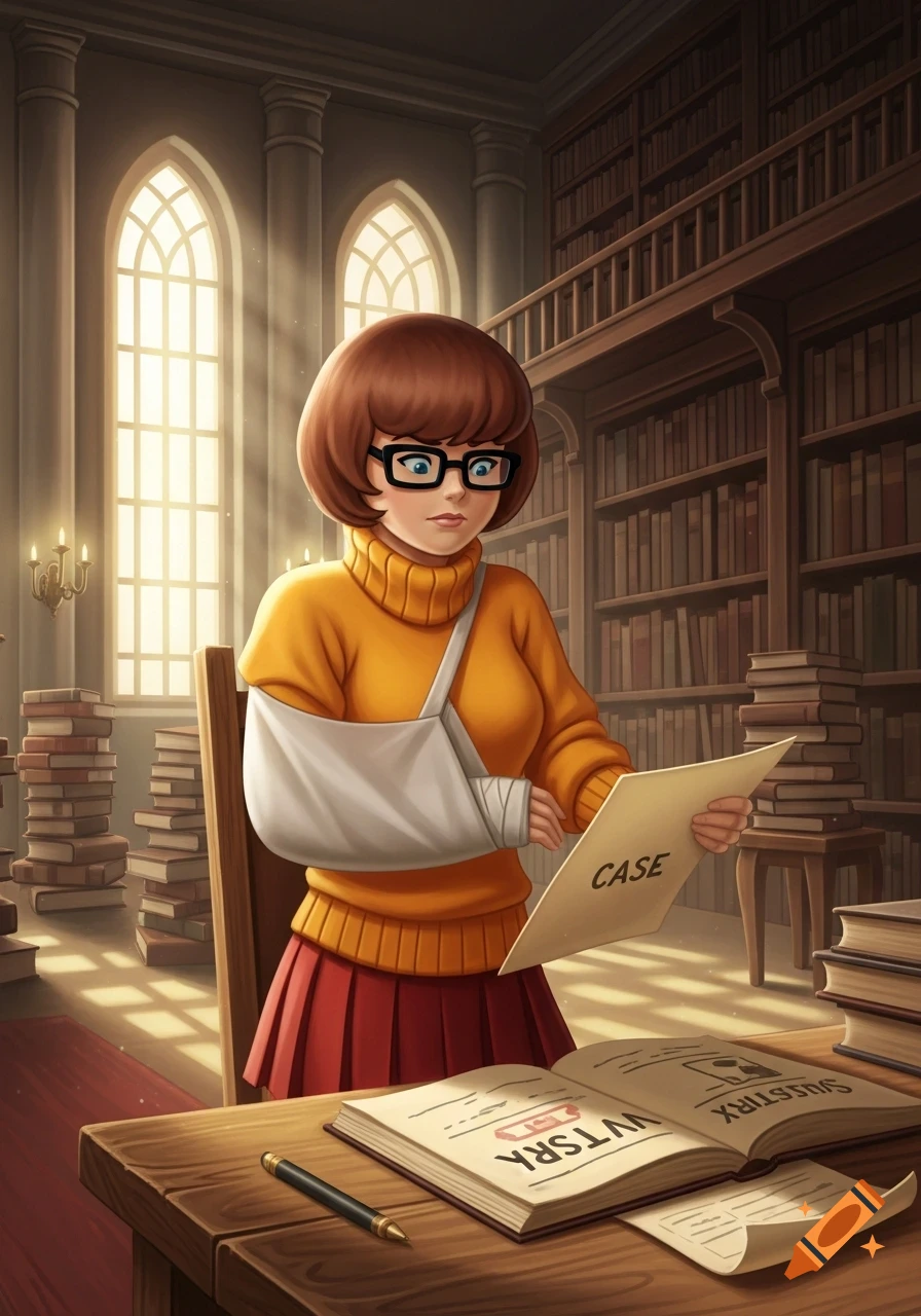 Velma Library Velma from Scooby-Doo, with her arm in a sling and cast, sits at a ...