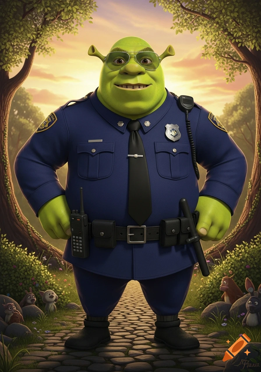 Shrek, the green ogre, dressed as a police officer with sunglasses, stands on a cobblestone path in a whimsical forest.
