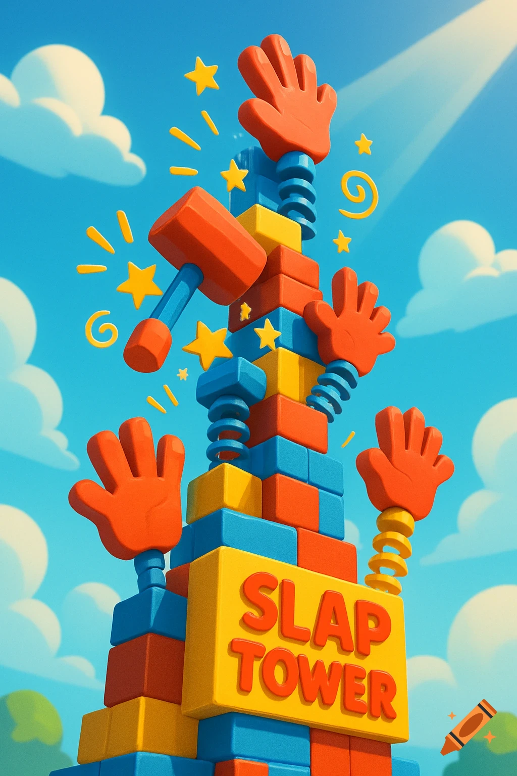 A colorful, cartoon-style tower made of red, blue, and yellow blocks, with orange hands and a hammer, against a blue sky. Text reads 'SLAP TOWER'.