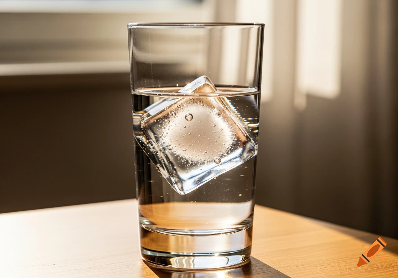 A clear glass of water with a large ice cube, casting shadows on a wooden surface.