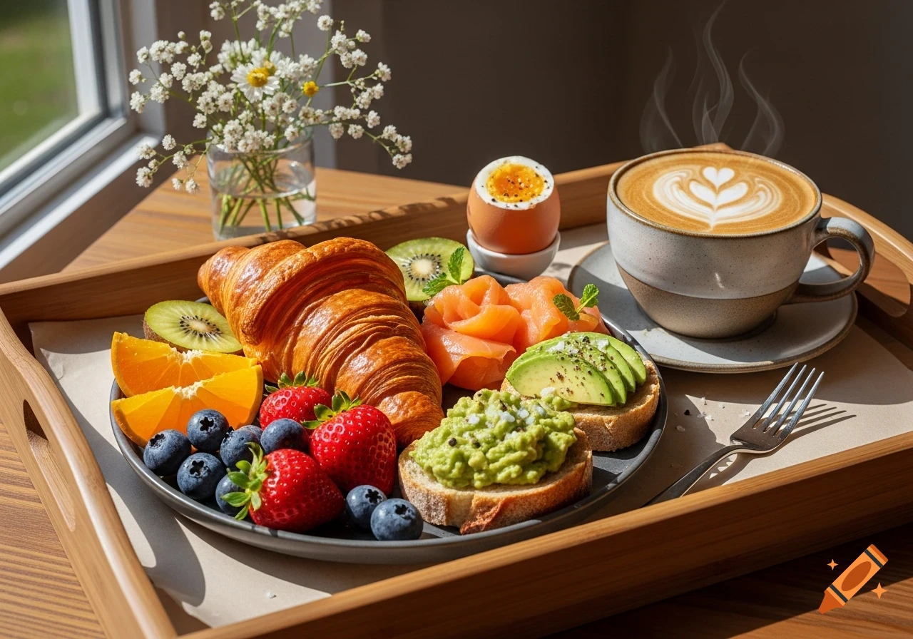 A photorealistic breakfast tray with a golden croissant, fresh berries, orange, kiwi, smoked salmon, avocado toast, soft-boiled egg, and a steaming latte with heart art.