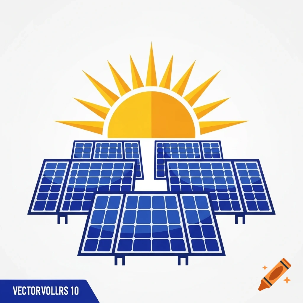 A graphic illustration of a stylized sun rising over multiple blue solar panels, representing solar energy.