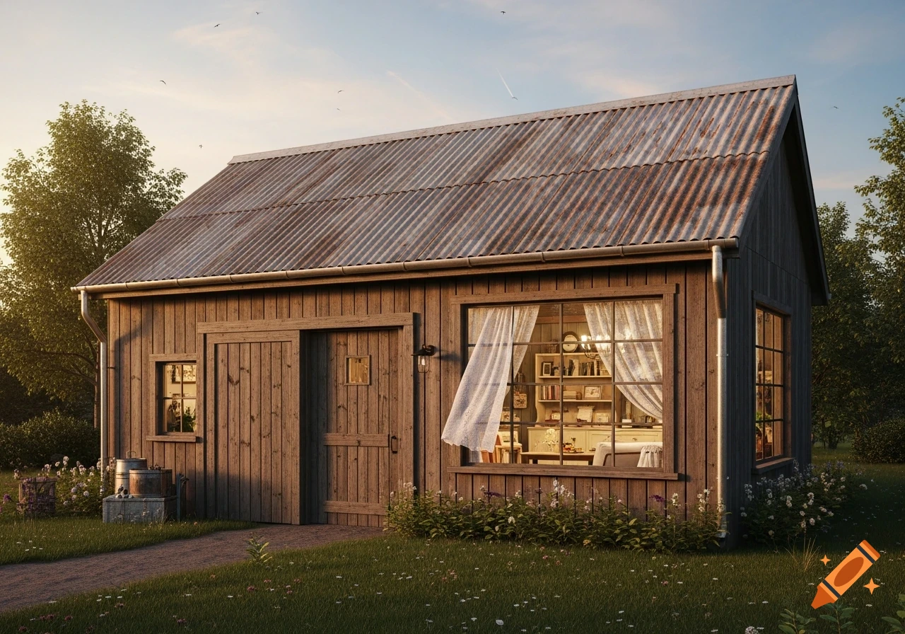 Photorealistic wooden cabin with a corrugated tin roof, front door, and a large window revealing a cozy interior. Surrounded by green grass and trees under a clear sky.