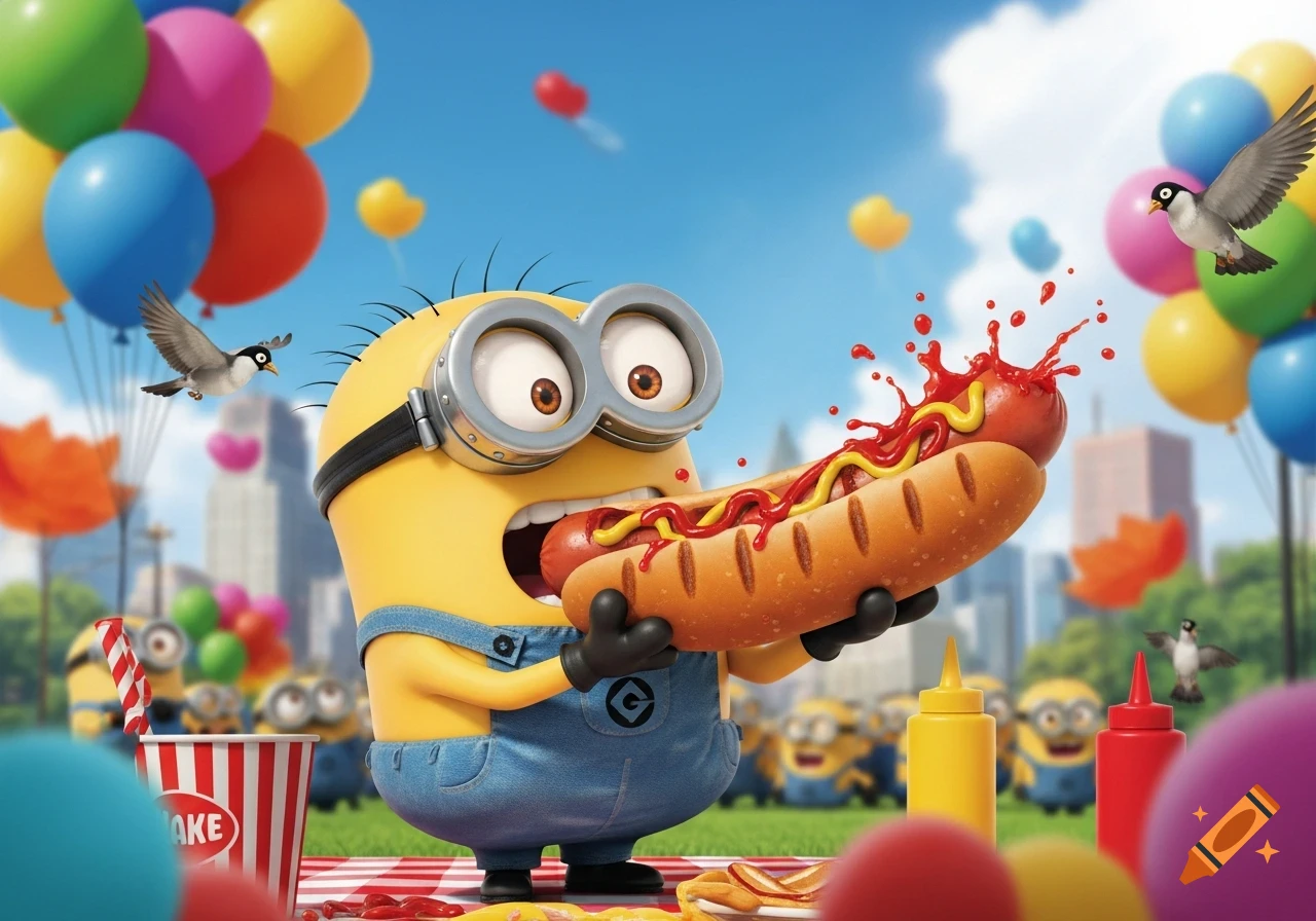 A funny 3D animated Minion in overalls gleefully eats a giant hotdog with ketchup and mustard at a festive outdoor picnic.