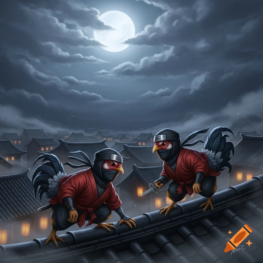 Two anthropomorphic ninja chickens crouch on a tiled roof at night under a full moon, with Japanese-style buildings in the background. Digital illustration.