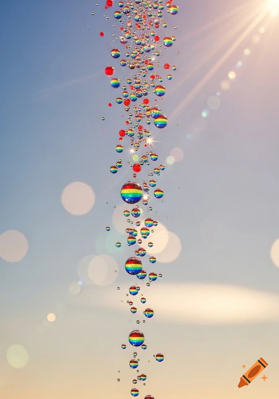 Vibrant rainbow-colored drops floating upwards against a bright blue sky with sun flare and bokeh.