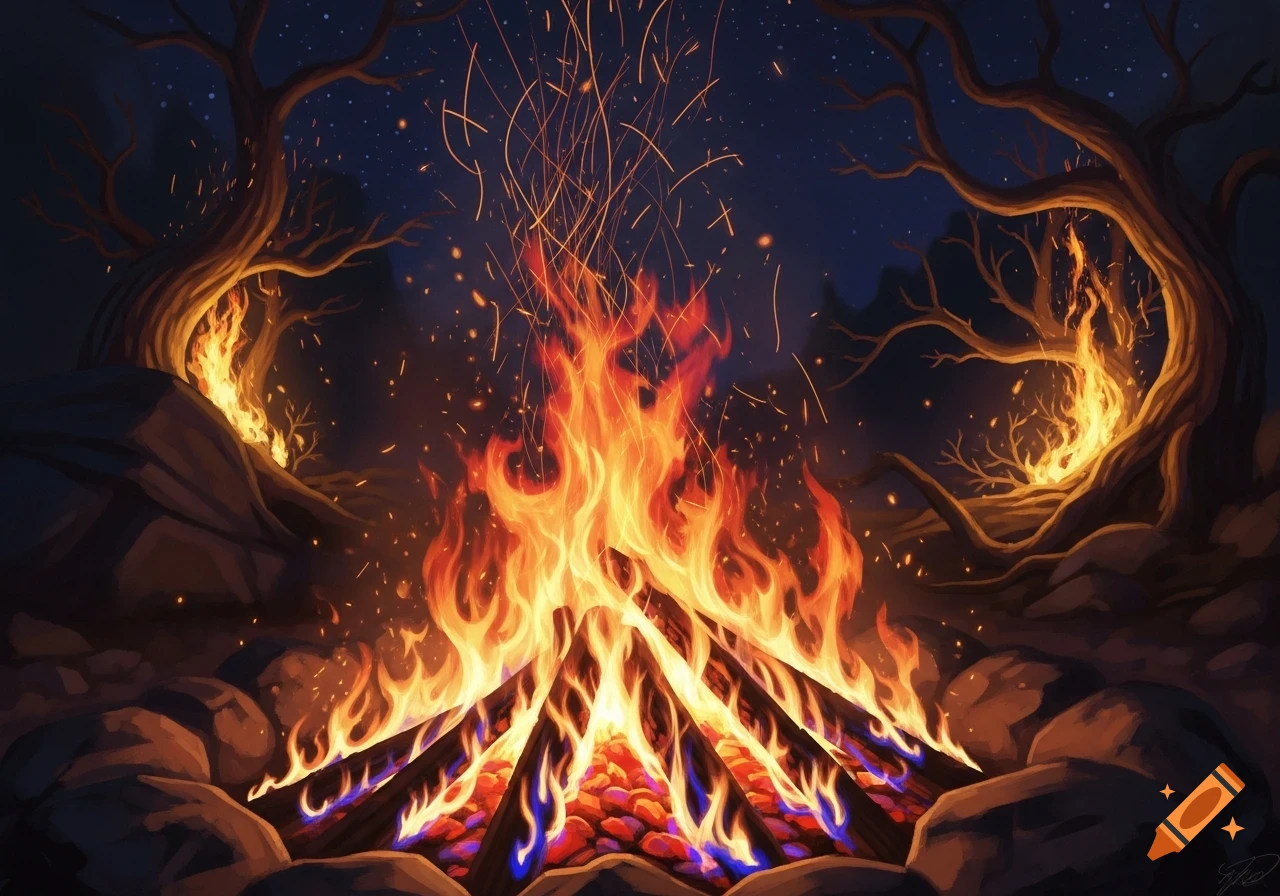 A vibrant campfire burns brightly in a dark forest at night, surrounded by twisted, gnarled trees under a starry sky.