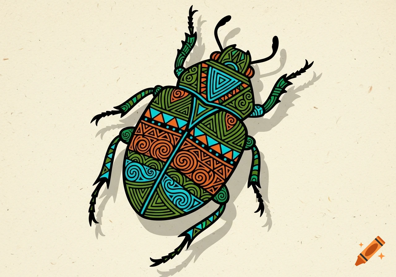 A colorful, stylized beetle with intricate patterns in green, orange, and blue on a textured light background, in a lino print style.