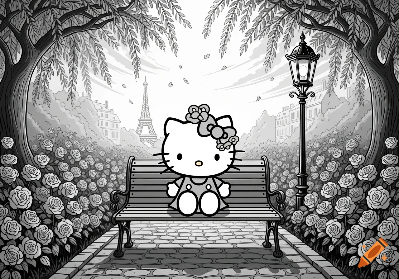 Black and white illustration of Hello Kitty sitting on a park bench surrounded by roses, with the Eiffel Tower in the background.