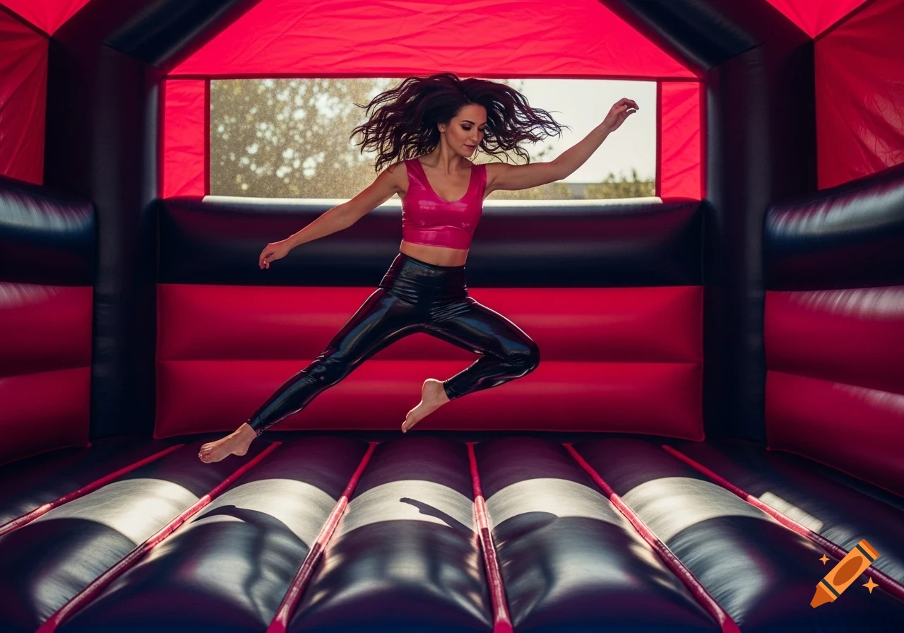 A woman in a pink latex crop top and black latex leggings jumps barefoot in a red and black bouncy castle.