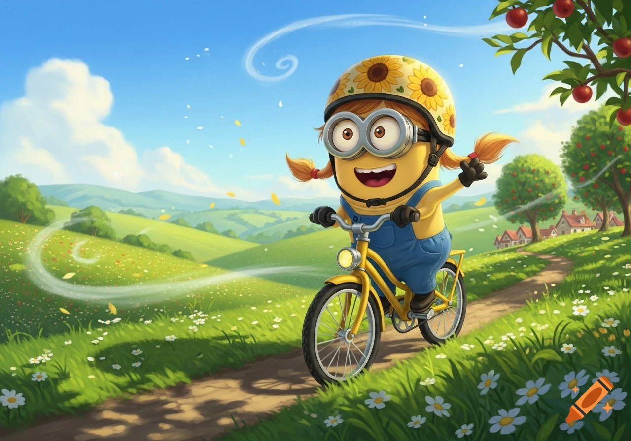 A cartoon Minion in overalls and a sunflower helmet rides a yellow bicycle through a vibrant, sunny green landscape with rolling hills and distant houses.