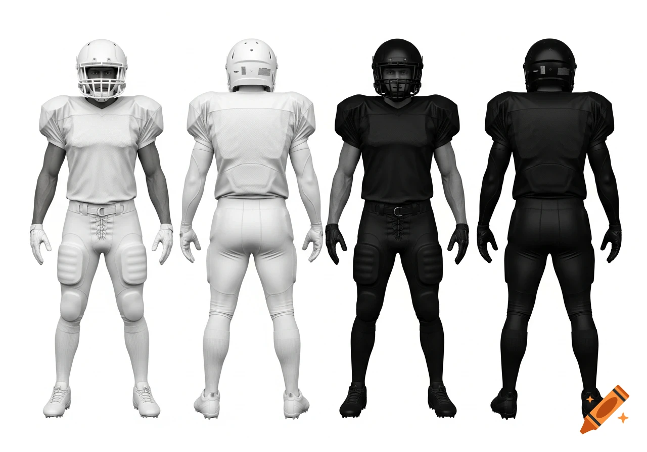 Four American football players in white and black uniforms, shown from front and rear views, against a white background.