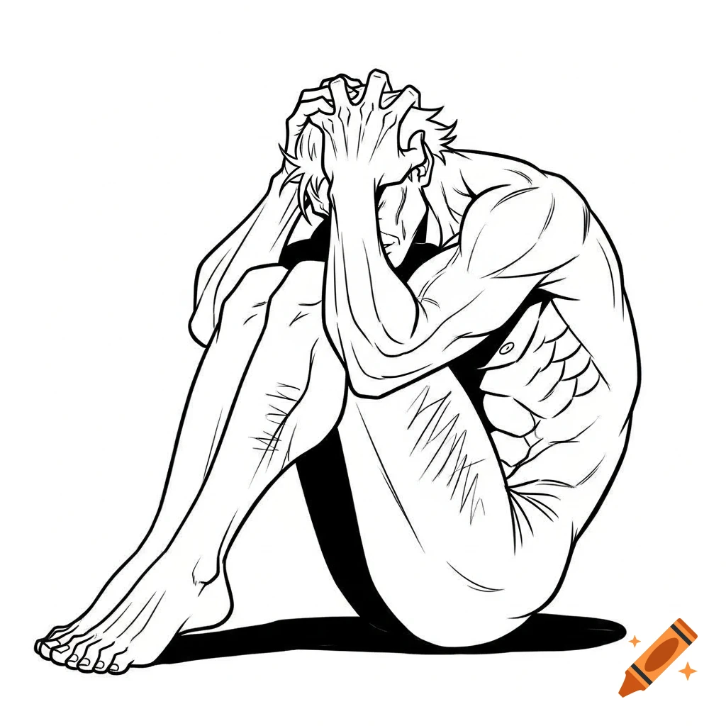 Black-and-white digital sketch of a muscular humanoid figure curled in a fetal position, gripping its head in distress.