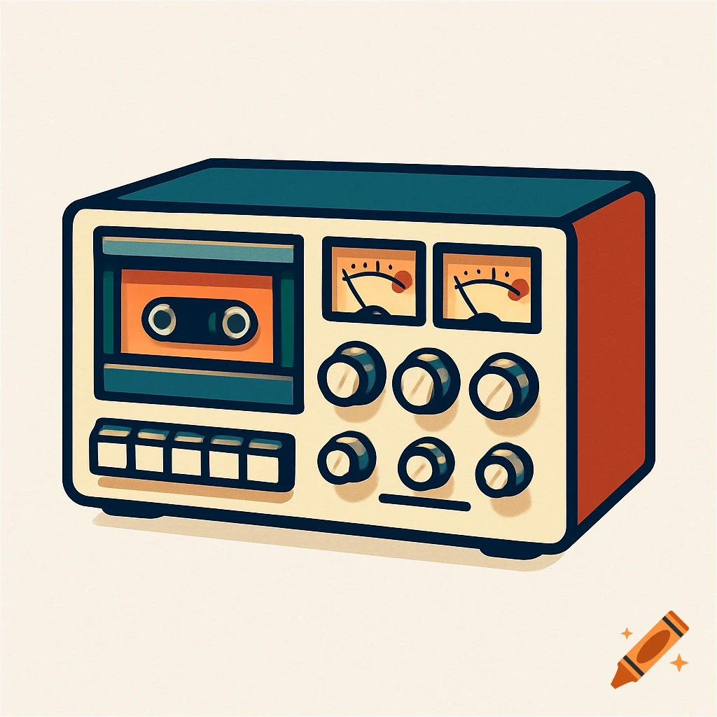 A retro-style illustration of a 70s tape deck with a cassette tape, control knobs, and two VU meters.