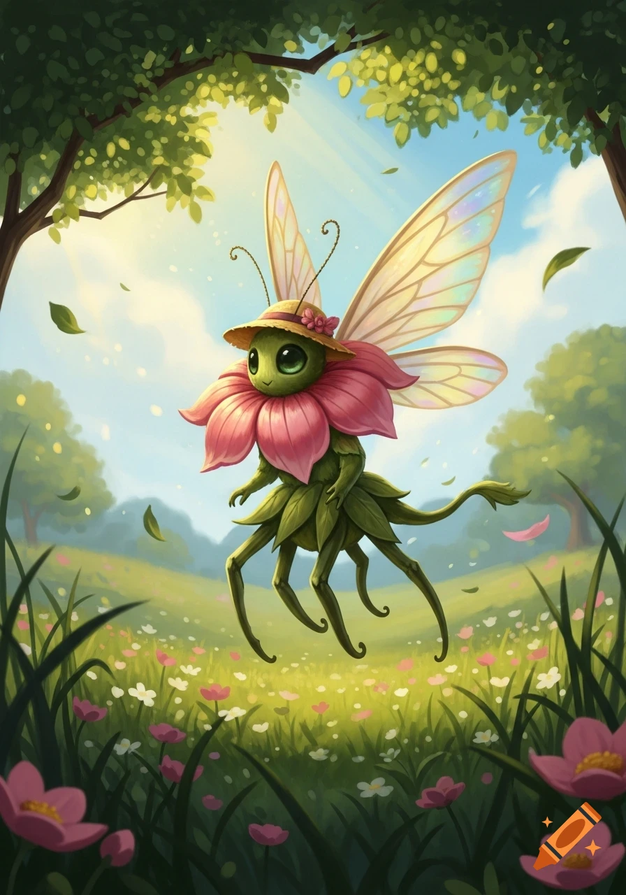 Whimsical green flower-creature with iridescent wings, straw hat, and six legs floats over a sunny wildflower meadow. Stylized illustration.